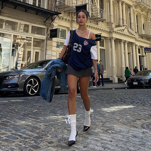 SylCue t恤宽松慵懒休闲外穿上衣 欧美风ins字母印花斜领露肩短袖