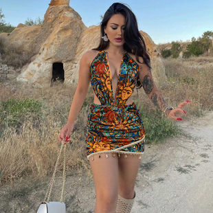 SylCue 欧美复古印花深V领挂脖连衣裙配饰点缀露腰百搭包臀短裙子