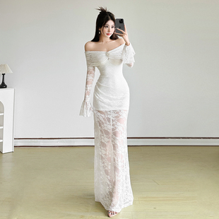 SylCue 包臀裙 仙气飘飘纯欲风白色蕾丝拼接显瘦一字肩连衣裙修身