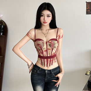 SylCue 油画风高级感印花收腰显瘦不规则吊带背心内搭短上衣 法式