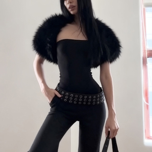 SylCue 暗黑系拽酷辣妹风设计感毛毛披肩坎肩显瘦抹胸背心两件套