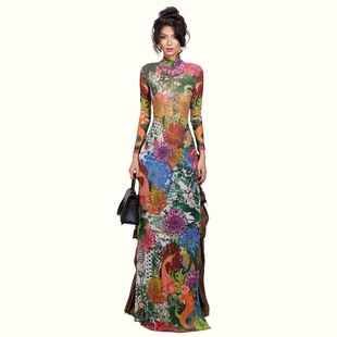 SylCue文艺复兴欧美复古风炫彩油画印花半高领长袖连衣裙开叉长裙