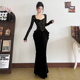 SylCue 名媛氛围感黑色高级植绒晚礼服连衣裙修身 显瘦长裙子百搭