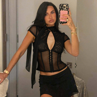 t恤夏季 潮流ins风黑色网纱透视设计感单排扣短袖 上衣 时尚 SylCue