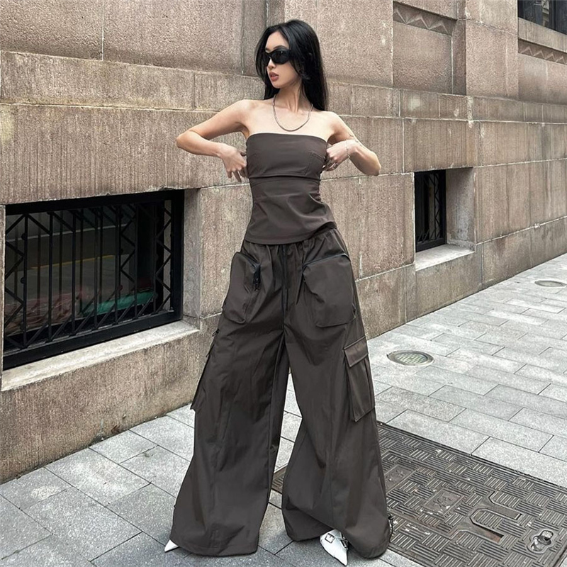 SylCue拽酷辣妹抹胸休闲裤两件套女显瘦宽松阔腿长裤套装百搭夏季
