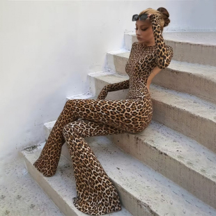 微喇裤 SylCue 连体裤 t恤式 野性狂欢辣妹风性感豹纹印花大露背长袖