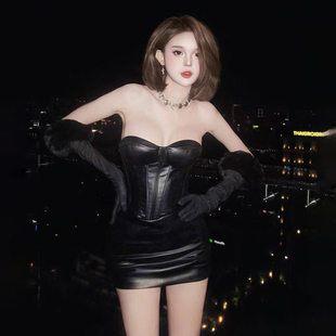 SylCue 高街潮酷辣妹黑色显瘦PU皮抹胸背心紧身包臀半身裙两件套