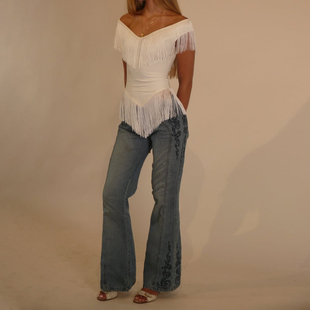 上衣女 t恤收腰不规则夏季 SylCue 辣妹风设计感流苏显瘦一字肩短袖