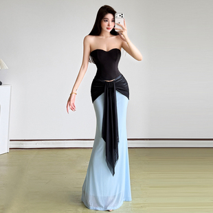 SylCue 言情女主千金名媛风黑色显瘦抹胸背心包臀鱼尾半身裙套装