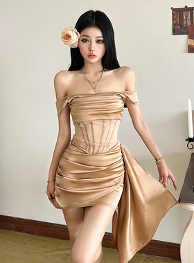 SylCue 纯欲网纱缎面拼接露肩连衣裙飘带褶皱显瘦修身包臀礼服裙