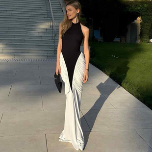 SylCue 高贵气质典雅黑白撞色拼接圆领无袖连衣裙褶皱百搭包臀裙