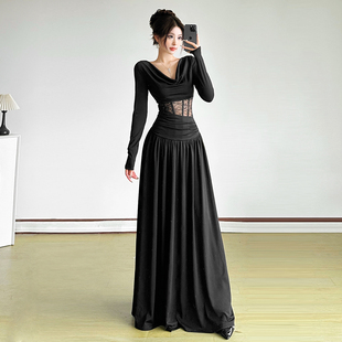 SylCue冷艳御姐风蕾丝拼接荡领长袖连衣裙收腰显瘦百搭大裙摆长裙