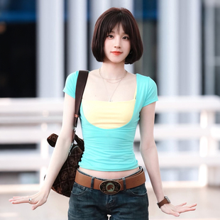 SylCue 宋雨琦同款元气少女撞色短袖上衣修身显瘦方领辣妹短款T恤
