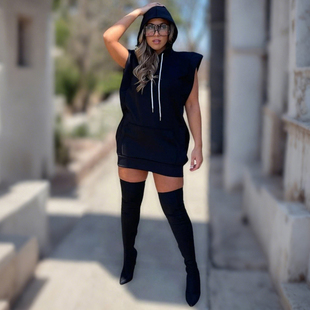 SylCue 潮流玩家美式街头辣妹风设计感连帽无袖卫衣式连衣裙短裙