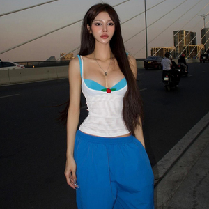 SylCue 美式辣妹街头撞色拼接V领小吊带宽松百搭休闲长裤拖地裤女
