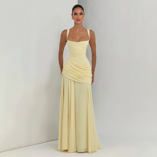 SylCue 显瘦吊带连衣裙收腰礼服长裙子 欧洲贵族气质优雅褶皱修身