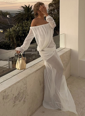 SylCue 欧美风性感御姐网纱纯欲透视一字肩连衣裙褶皱显瘦长裙夏