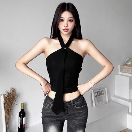 SylCue甜酷辣妹风挂脖式性感小吊带女露背设计感修身短款上衣夏季