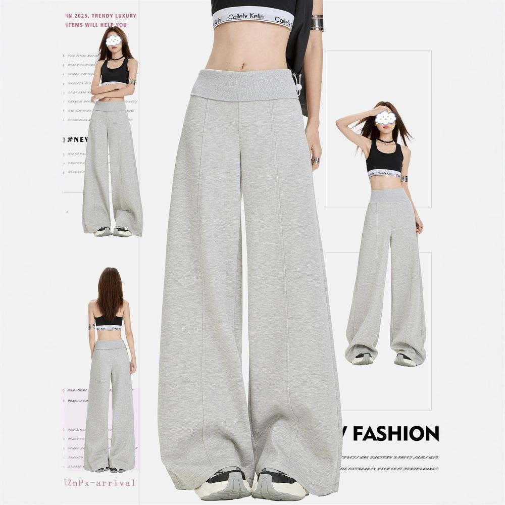 维多利亚美式浅灰色休闲阔腿裤女秋2025新款低腰宽松显瘦小个子慵