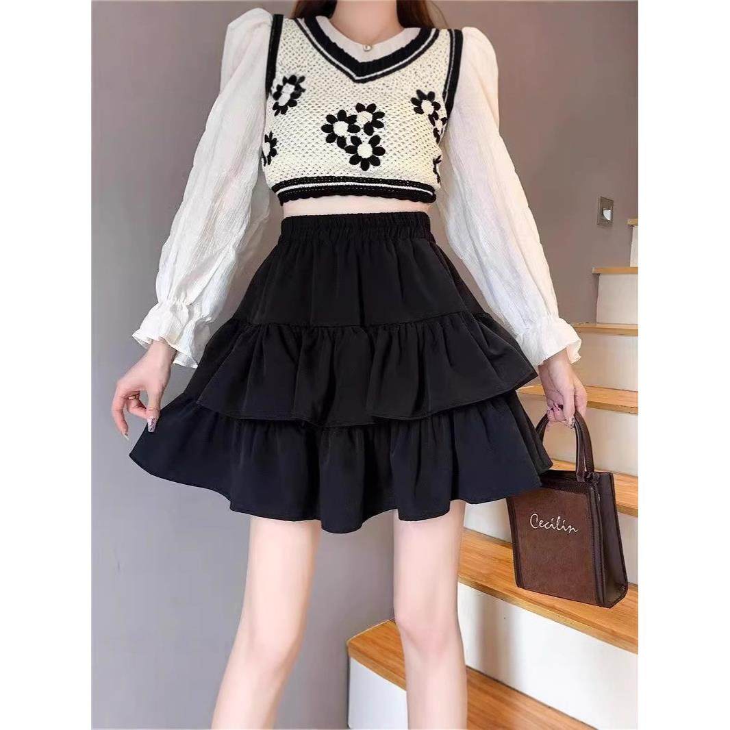 维多利亚黑色蓬蓬蛋糕半身裙女夏季新款松紧高腰显瘦小个子防走光