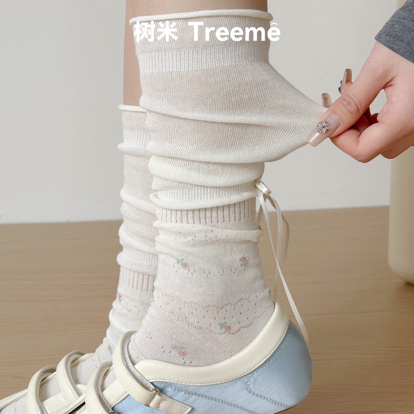 白色袜子女春夏季薄款小腿袜芭蕾风碎花蝴蝶结堆堆袜搭配玛丽珍鞋