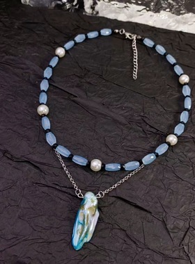 欧美波西米亚风贝壳吊坠项链女海蓝色串珠锁骨链高级感轻奢颈链潮