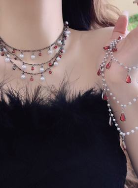 暗黑哥特风多层串珠水滴流苏项链女小众重工朋克个性珍珠锁骨链潮