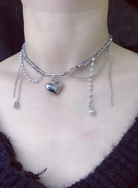 新款时尚甜美珍珠水晶爱心流苏拼接项链灰色串珠心形吊坠锁骨链