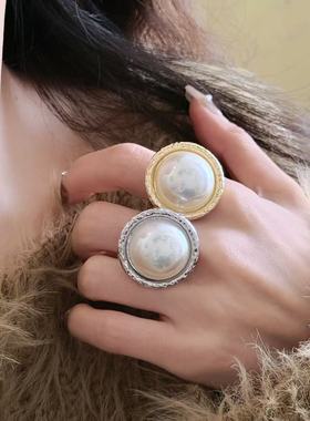 法式白色圆形珍珠戒指女欧美气质精致高级感独特百搭时尚食指戒潮