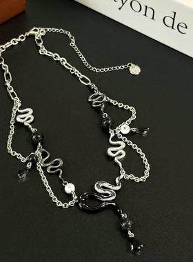 暗黑朋克滴油蛇黑色串珠拼接流苏水滴项链潮辣妹小众设计毛衣链