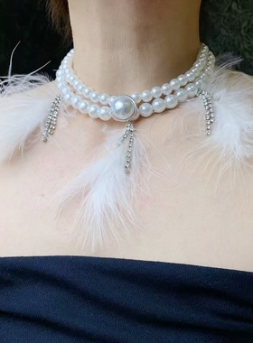 甜美气质羽毛珍珠choker项链女冬季轻奢高级感锁骨链颈链百搭时尚