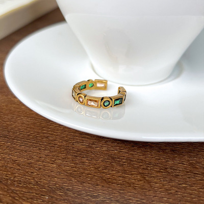 韩版ins设计感饰品女古金彩色方形锆石珐琅925银戒指百搭指环瑞丽