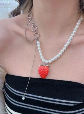 甜美可爱珍珠红色草莓项链女轻奢小众高级感吊坠锁骨链颈链气质潮