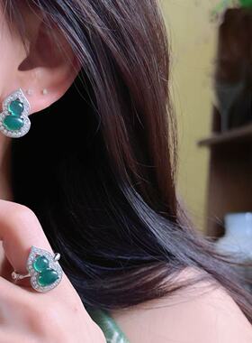 微镶锆石天然玉髓绿色小葫芦项链戒指耳钉女小众时尚轻奢配饰组合