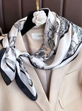 70cm Black White Floral Pattern Scarf Literary Floral Temper