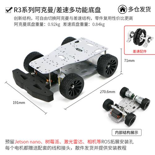 R3系列智能小车底盘R3S麦克纳姆轮阿克曼四驱全向轮无人车STM32