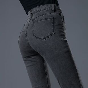 灰色牛仔裤女春秋2026年时尚新款弹力小脚紧身高腰高腰小码小个子