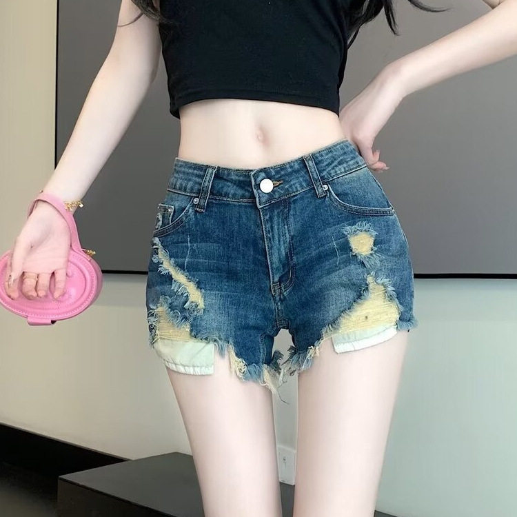 复古破洞牛仔短裤女生夏季小个子辣妹高腰显瘦直筒裤子修身热裤