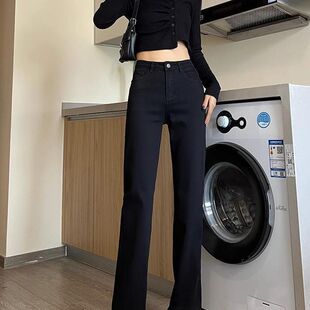 黑色高腰直筒牛仔裤女2026年春秋新款修身小个子烟管堆堆窄版裤子