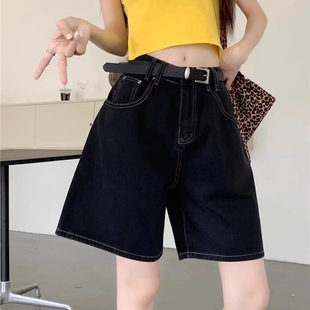宽松显瘦百搭休闲a字阔腿中裤 款 女夏季 黑色高腰五分直筒牛仔短裤