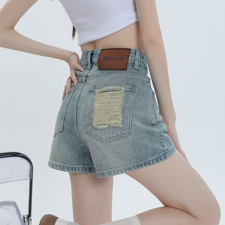 美式复古高腰牛仔短裤女夏季2024新款辣妹小个子显瘦阔腿a字热裤