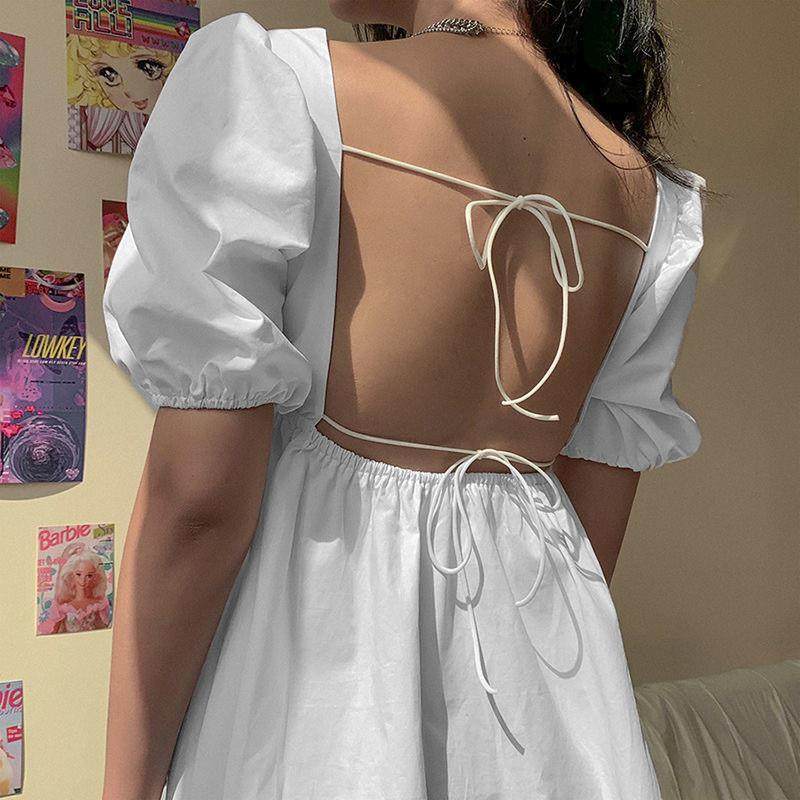Summer Women Sexy Short Puff Sleeve Backless Dress Holiday
