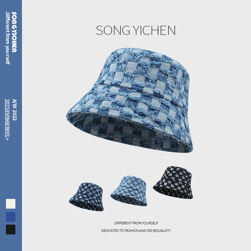 辣妹时髦棋盘格牛仔渔夫帽子女