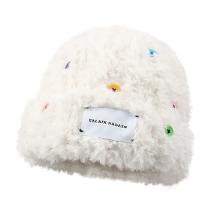 白鹿同款AS纽扣装饰毛绒帽子百搭冬季新款加厚保暖显脸小毛线帽女