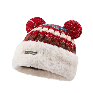 喜庆红色米奇针织帽子女冬季加厚保暖护耳帽韩版可爱熊耳朵毛绒帽