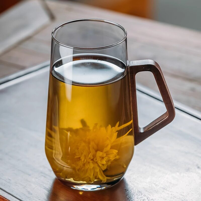 胡桃木带把茶杯玻璃泡绿茶专用杯图片