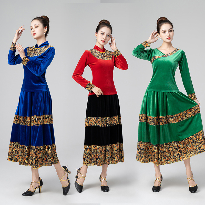 风缇广场舞服装新款套装金丝绒长袖大摆裙秋冬古典民族舞蹈