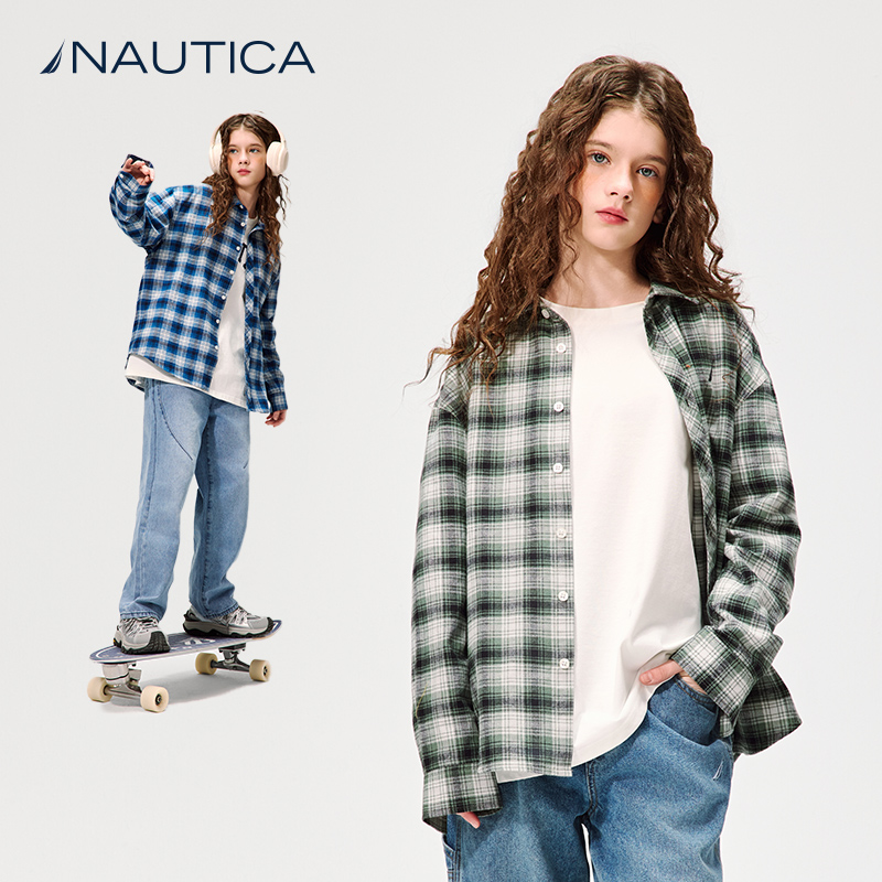 NAUTICA/诺帝卡童装 男童女童长袖格子衬衫春季儿童外穿衬衣