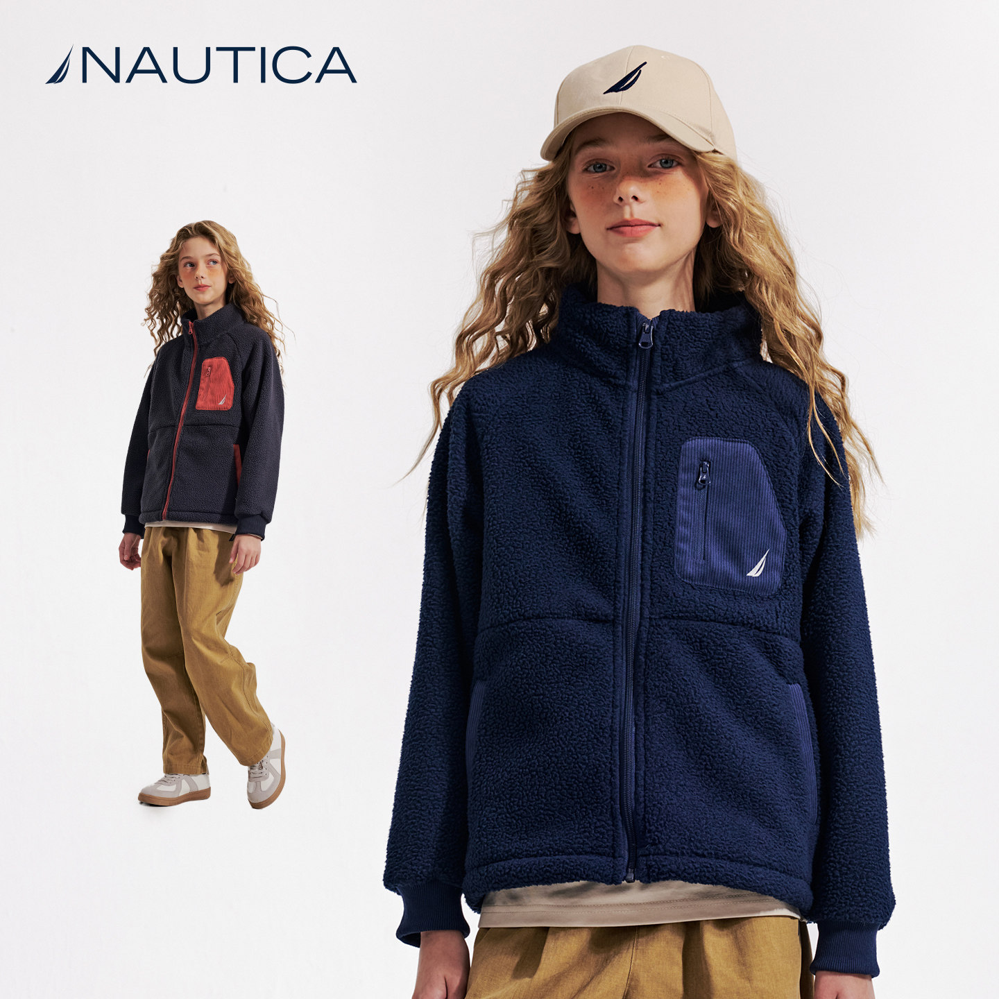 NAUTICA童装 男女童抓绒外套秋冬季儿童大颗粒摇粒绒仿羊羔绒保暖