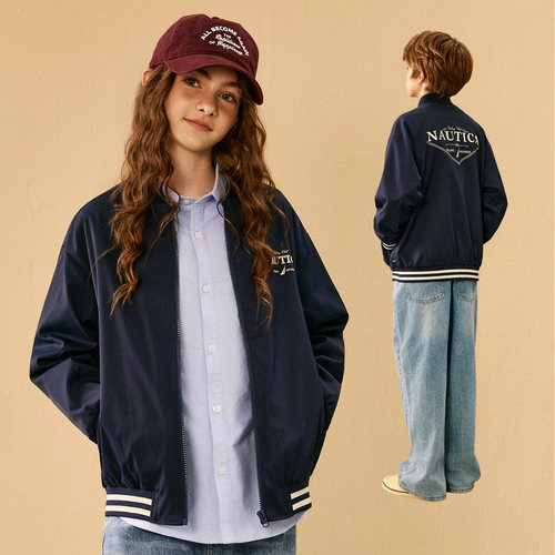 NAUTICA/诺帝卡童装男女童美式印花棒球外套秋冬棉感斜纹梭织外套